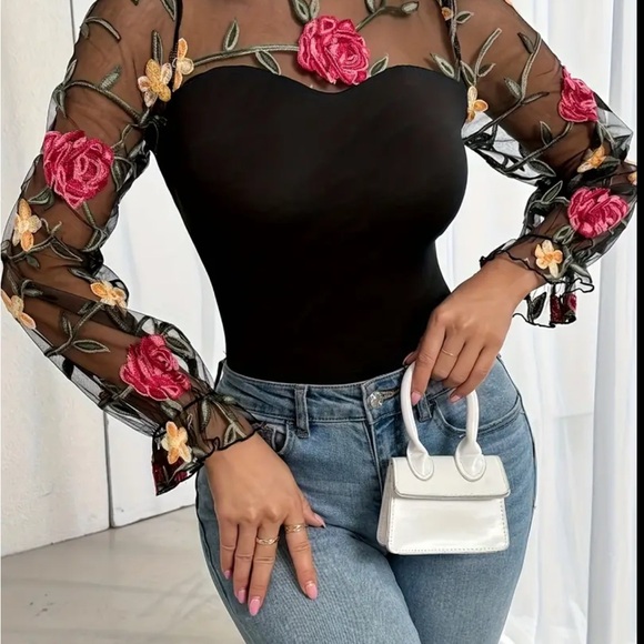 Tops - Floral Embroidered Black Mesh Top/ body suit